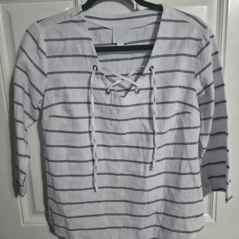 Sunday Women's White Striped Lace-Up Top Size Small Cotton & Linen Blend